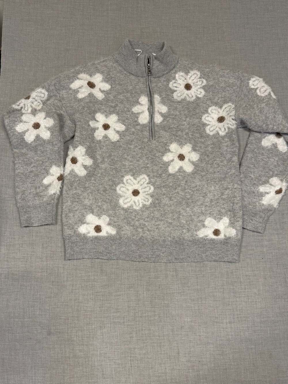 Flamingals Floral Pattern Quarter-Zip Fuzzy Sweater